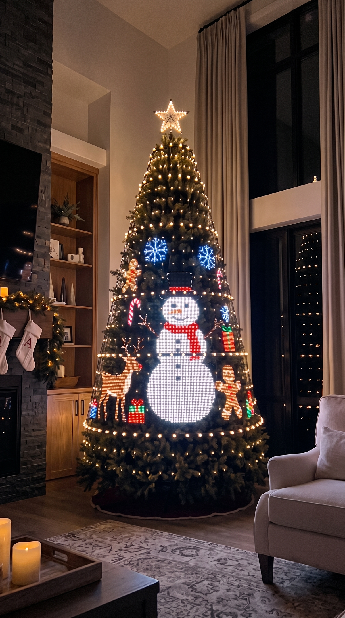 Christmas tree with colourful LED snowman, snowflake and reindeer designs